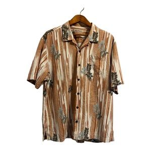 Tommy Bahama Peach and Rust Tropical 100% Silk Button Down Shirt size XL
